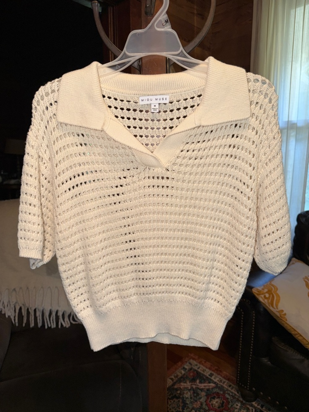 Miou Muse Cream Open-Weave Polo Crew Sweater